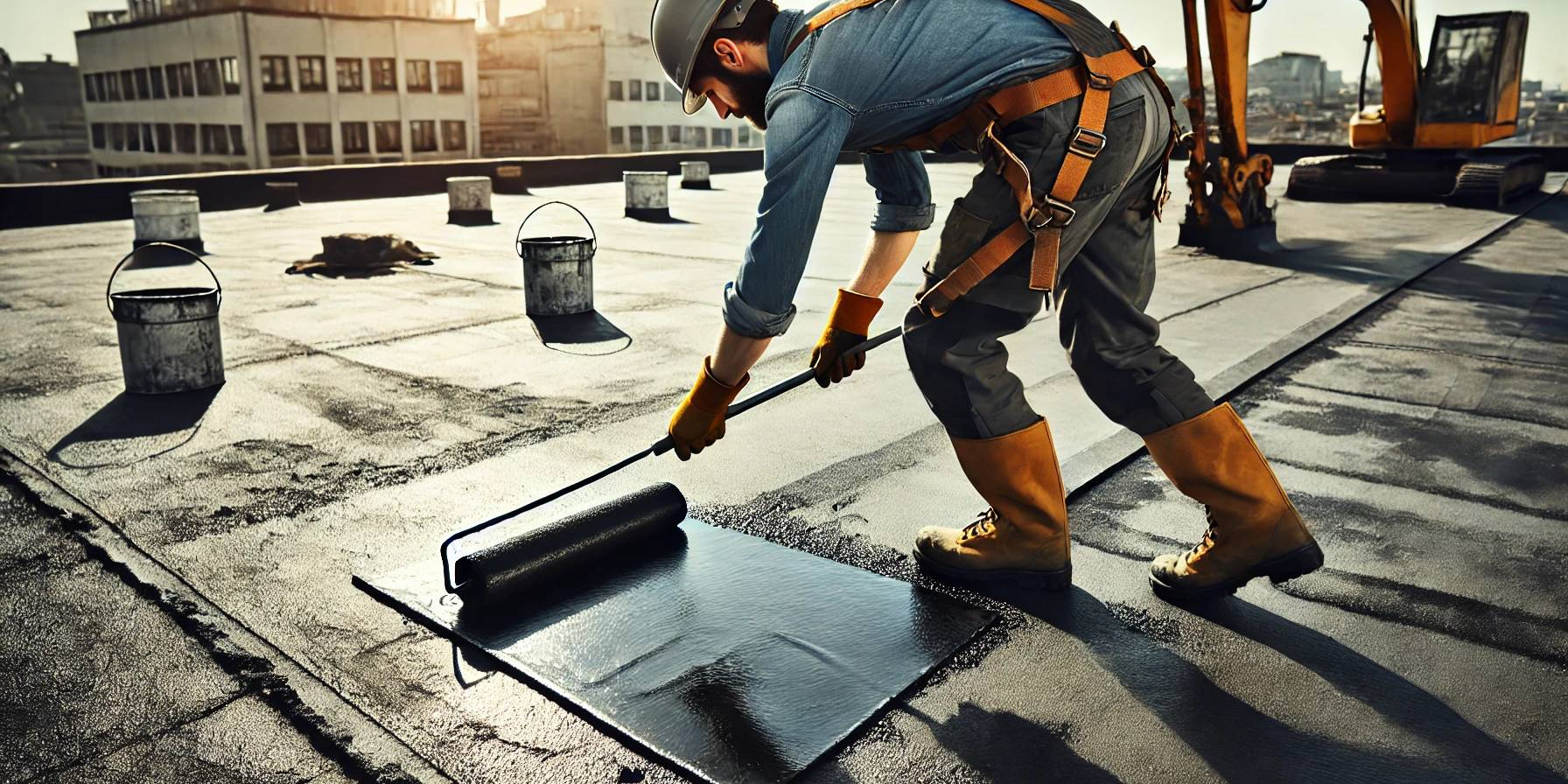Operaio di schiena applica membrana liquida bituminosa su un tetto piatto a Reggio Emilia. La membrana bituminosa è distribuita uniformemente con un rullo per garantire impermeabilità e protezione duratura contro gli agenti atmosferici. Sullo sfondo si vedono edifici urbani e attrezzature da cantiere.