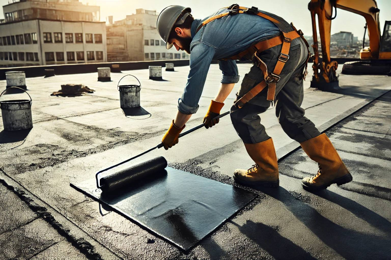 Operaio di schiena applica membrana liquida bituminosa su un tetto piatto a Reggio Emilia. La membrana bituminosa è distribuita uniformemente con un rullo per garantire impermeabilità e protezione duratura contro gli agenti atmosferici. Sullo sfondo si vedono edifici urbani e attrezzature da cantiere.