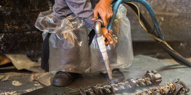 Operaio utilizza la tecnica della sabbiatura criogenica per il trattamento di componenti meccanici a Modena. Il processo di pulizia avviene utilizzando ghiaccio secco, che rimuove in modo sicuro vernici, grasso e ruggine dalle superfici senza danneggiarle, mantenendo intatti i componenti.