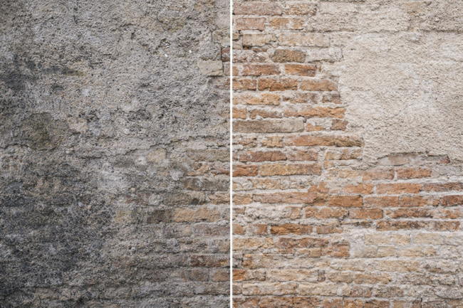 Confronto prima e dopo sabbiatura facciata a Brescia con rimozione di sporco e residui causati dall’umidità invernale su muro in mattoni.