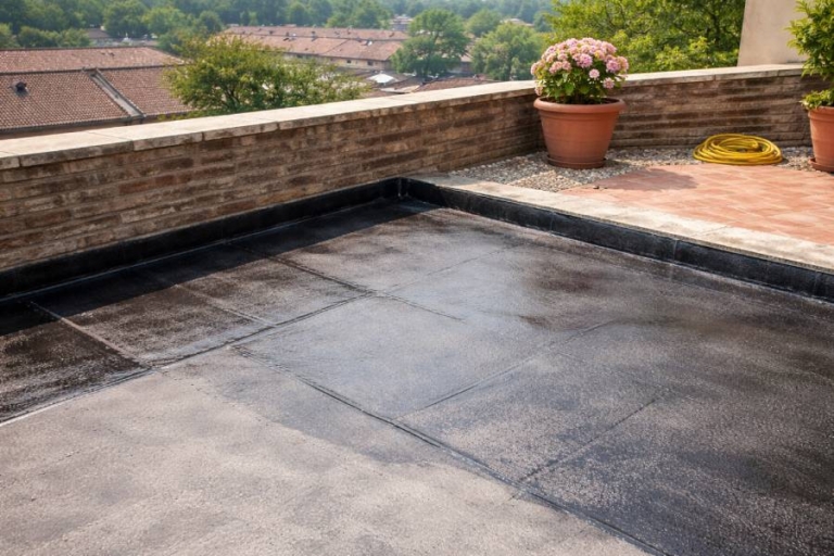 Terrazzo impermeabilizzato a Goito pronto per la stagione delle piogge con guaina protettiva contro infiltrazioni d’acqua.