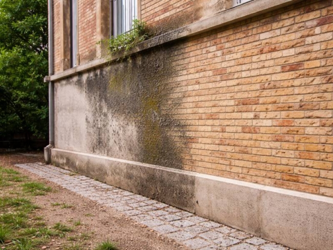 Facciata in mattoni a Parma prima e dopo sabbiatura con rimozione di muffa e sporco causati dall’umidità invernale.