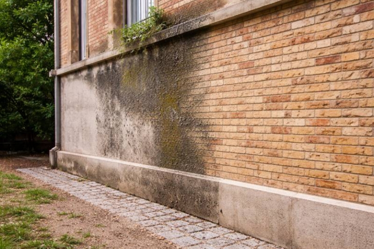 Facciata in mattoni a Parma prima e dopo sabbiatura con rimozione di muffa e sporco causati dall’umidità invernale.