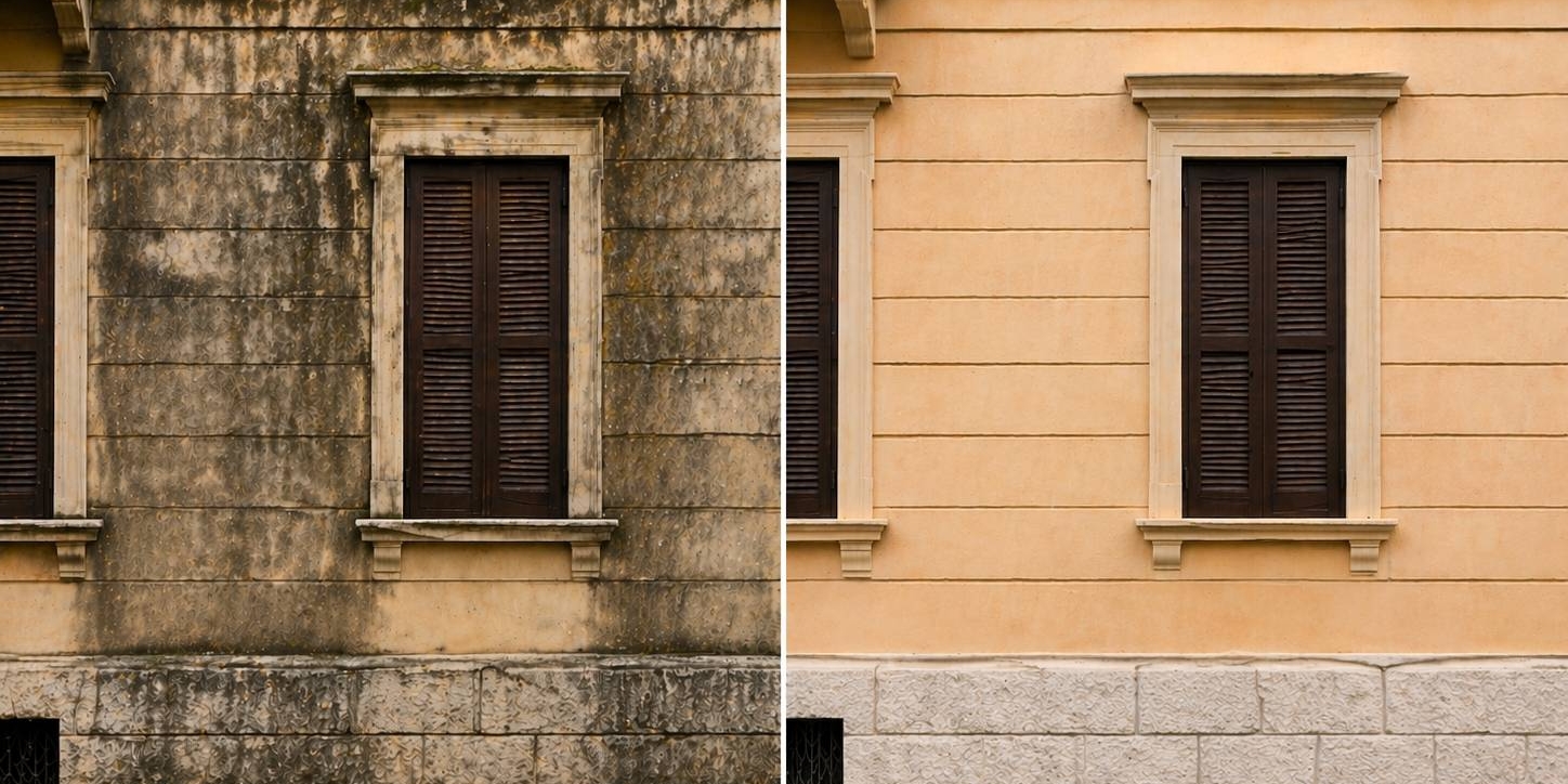 sabbiatura facciate a Verona prima e dopo la pulizia delle superfici esterne con rimozione di muffa annerimenti e sporco atmosferico accumulati durante l’inverno