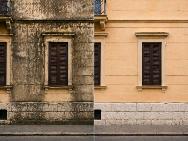 sabbiatura facciate a Verona prima e dopo la pulizia delle superfici esterne con rimozione di muffa annerimenti e sporco atmosferico accumulati durante l’inverno