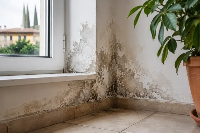 Segni di infiltrazioni e umidità su una parete a Verona, con intonaco deteriorato e macchie vicino alla finestra da controllare prima delle piogge autunnali.