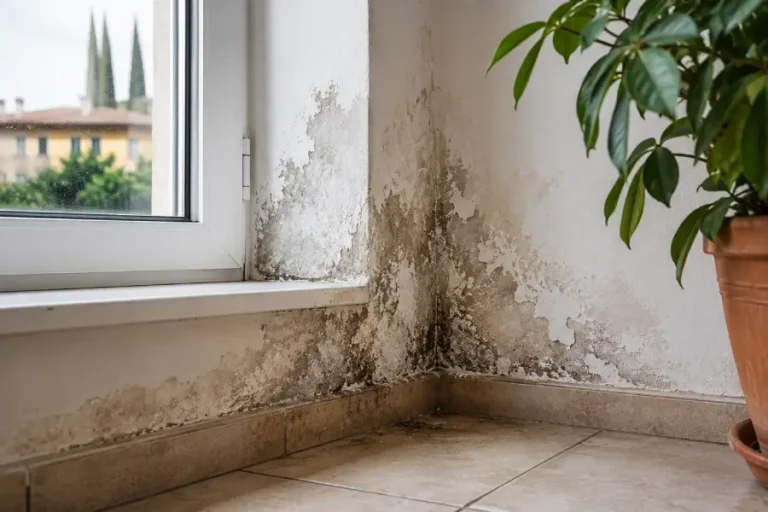Segni di infiltrazioni e umidità su una parete a Verona, con intonaco deteriorato e macchie vicino alla finestra da controllare prima delle piogge autunnali.