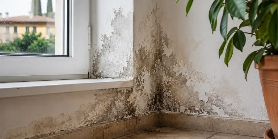 Infiltrazioni e umidità sulle pareti a Verona prima dell’autunno Segni di infiltrazioni e umidità su una parete a Verona, con intonaco deteriorato e macchie vicino alla finestra da controllare prima delle piogge autunnali.